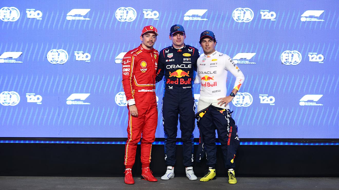 JEDDAH, SAUDI ARABIA - MARCH 08: Pole position qualifier qualifier Max Verstappen of the Netherlands and Oracle Red Bull Racing, Second placed qualifier Charles Leclerc of Monaco and Ferrari and Third placed qualifier Sergio Perez of Mexico and Oracle Red Bull Racing pose for a photo in parc ferme during qualifying ahead of the F1 Grand Prix of Saudi Arabia at Jeddah Corniche Circuit on March 08, 2024 in Jeddah, Saudi Arabia. (Photo by Bryn Lennon - Formula 1/Formula 1 via Getty Images)