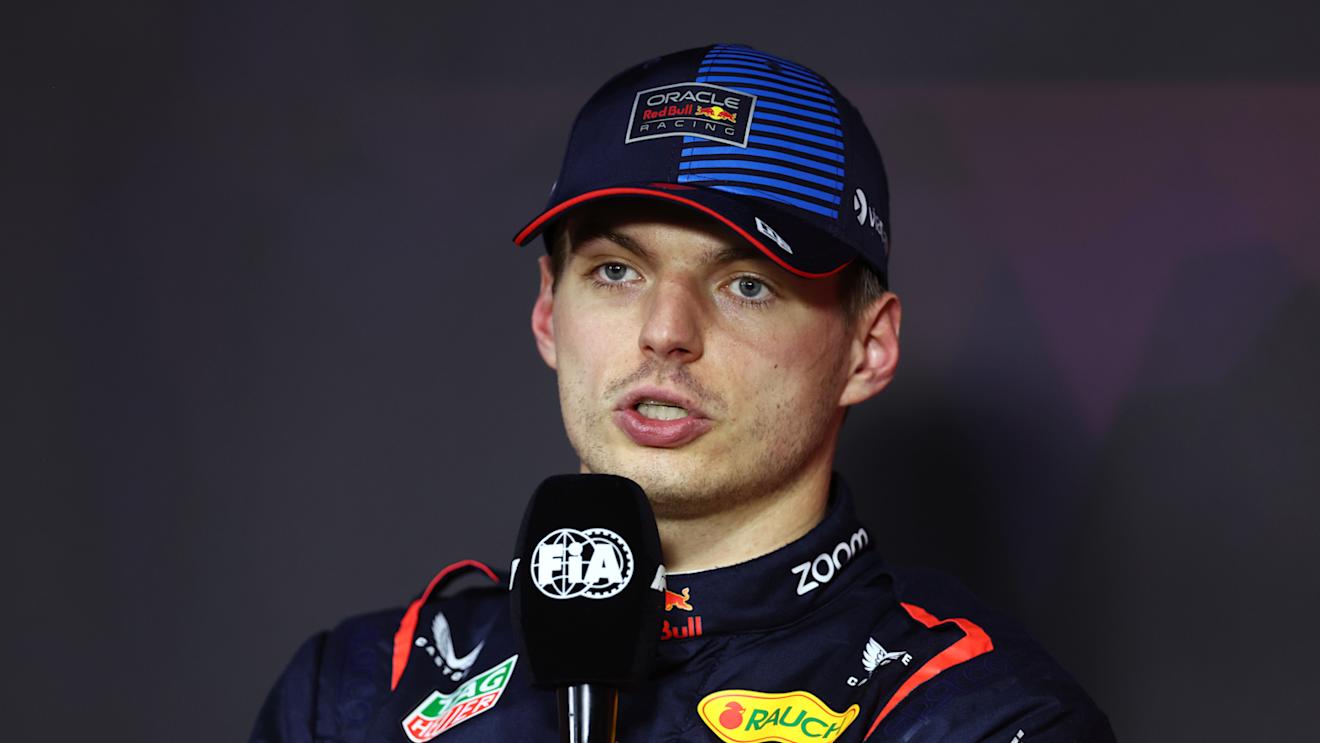 JEDDAH, SAUDI ARABIA - MARCH 08: Pole position qualifier, Max Verstappen of the Netherlands and Oracle Red Bull Racing talks in a press conference after qualifying ahead of the F1 Grand Prix of Saudi Arabia at Jeddah Corniche Circuit on March 08, 2024 in Jeddah, Saudi Arabia. (Photo by Bryn Lennon/Getty Images)