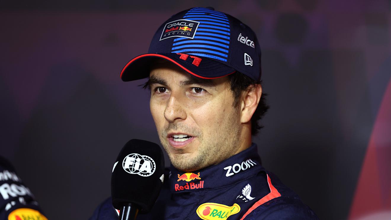 JEDDAH, SAUDI ARABIA - MARCH 08: Third placed qualifier Sergio Perez of Mexico and Oracle Red Bull Racing talks in a press conference after qualifying ahead of the F1 Grand Prix of Saudi Arabia at Jeddah Corniche Circuit on March 08, 2024 in Jeddah, Saudi Arabia. (Photo by Bryn Lennon/Getty Images)