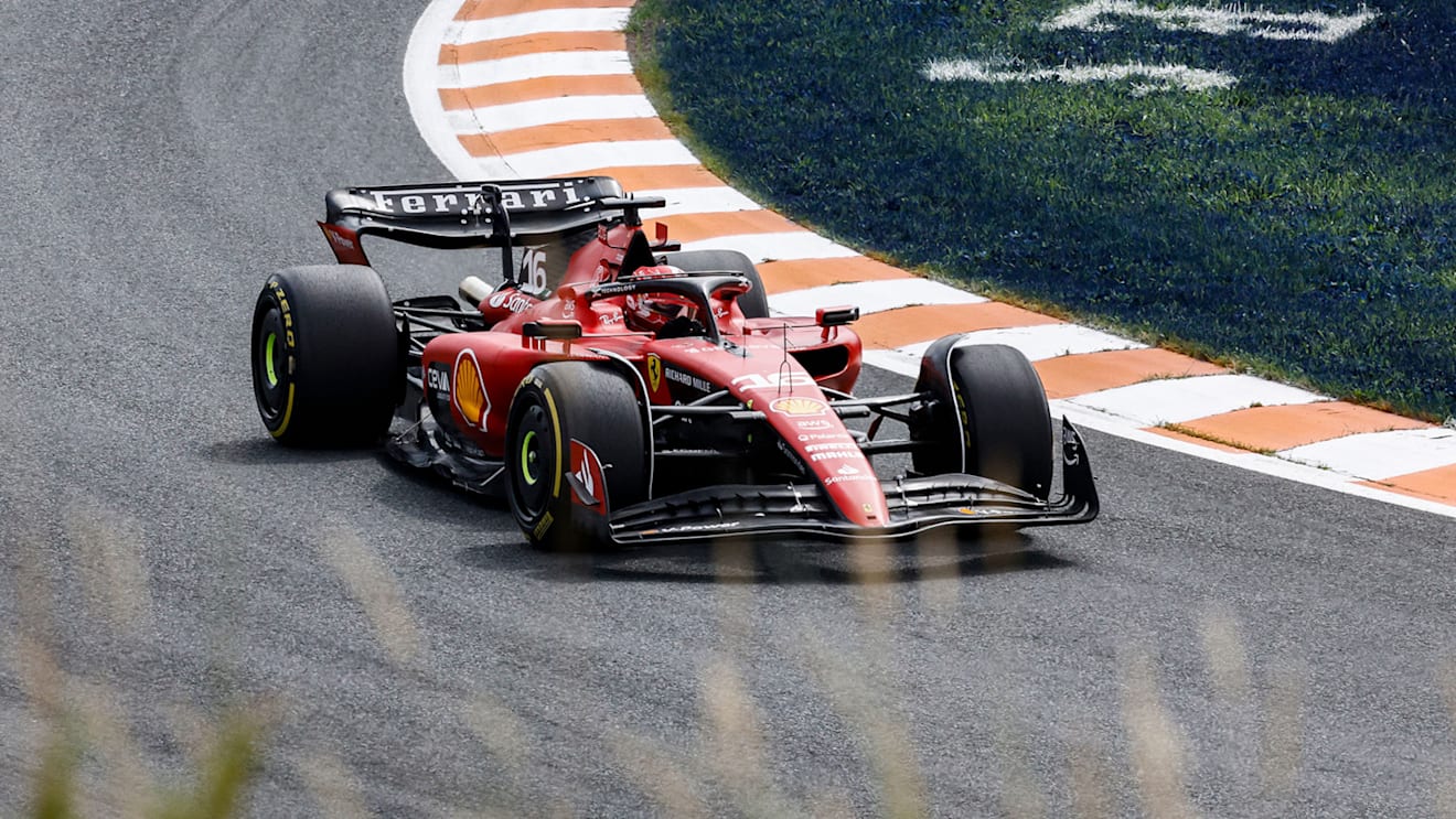 Ferrari's Monegasque driver Charles Leclerc drives during the first practice session at The Circuit Zandvoort, ahead of the Dutch Formula One Grand Prix, in Zandvoort on August 25, 2023. (Photo by SIMON WOHLFAHRT / AFP) (Photo by SIMON WOHLFAHRT/AFP via Getty Images)