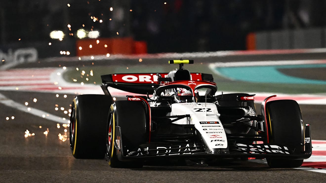 TOPSHOT - Alpha Tauri's Japanese driver Yuki Tsunoda during the second practice session for the Abu Dhabi Formula One Grand Prix at the Yas Marina Circuit in the Emirati city on November 24, 2023. (Photo by Jewel SAMAD / AFP) (Photo by JEWEL SAMAD/AFP via Getty Images)