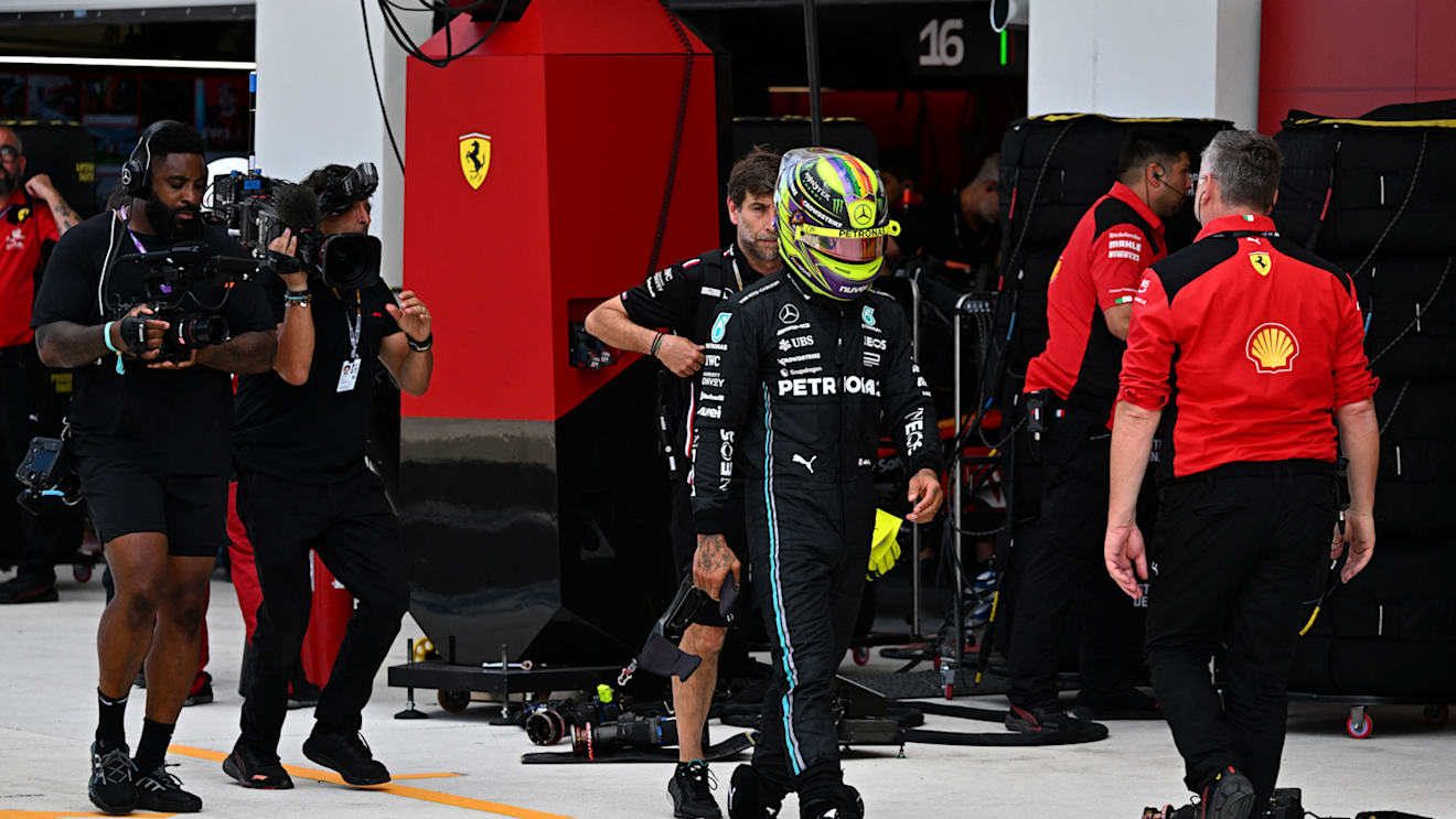 Mercedes' British driver Lewis Hamilton walk to a weigh in after the qualifying session for the 2023 Miami Formula One Grand Prix at the Miami International Autodrome in Miami Gardens, Florida, on May 6, 2023. (Photo by CHANDAN KHANNA / POOL / AFP) (Photo by CHANDAN KHANNA/POOL/AFP via Getty Images)