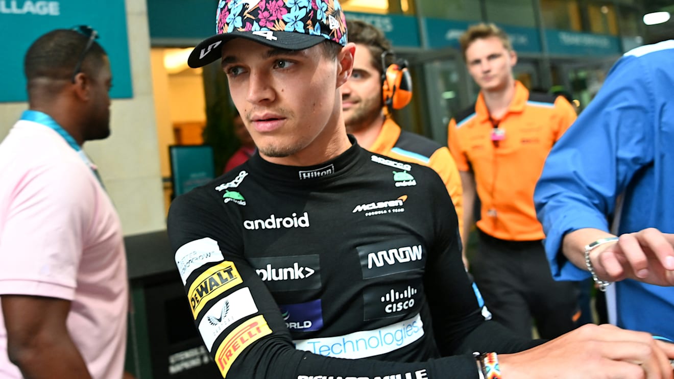 McLaren's British driver Lando Norris heads to the garage before the 2023 Miami Formula One Grand Prix at the Miami International Autodrome in Miami Gardens, Florida, on May 7, 2023. (Photo by CHANDAN KHANNA / AFP) (Photo by CHANDAN KHANNA/AFP via Getty Images)