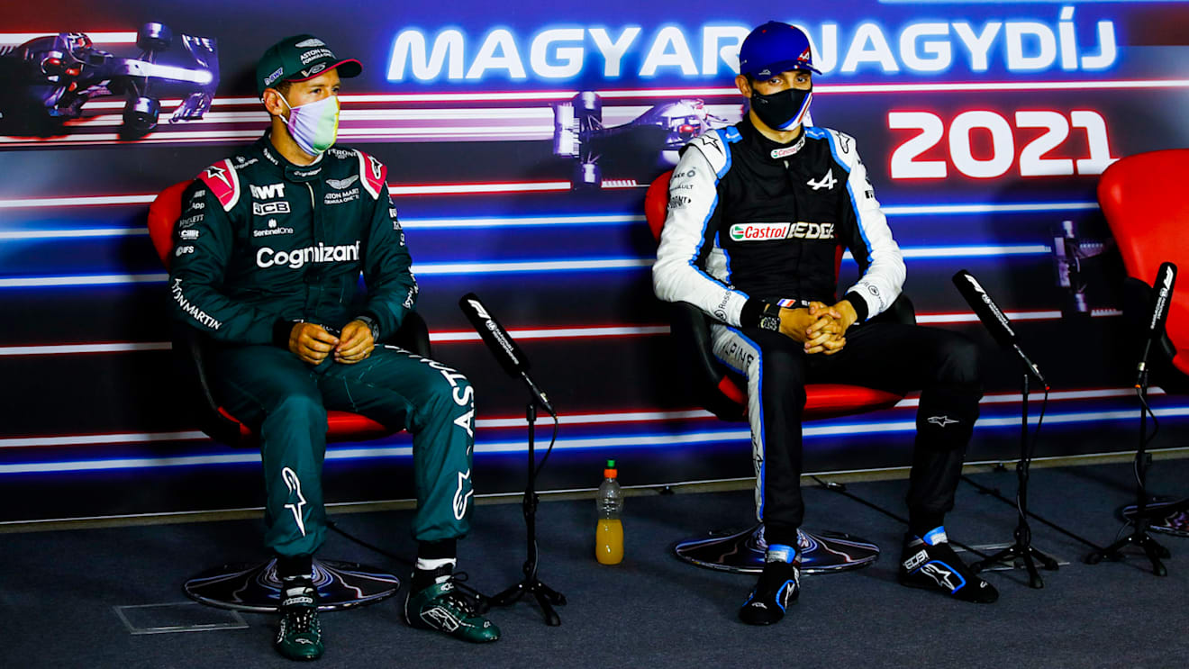 VETTEL Sebastian (ger), Aston Martin F1 AMR21, OCON Esteban (fra), Alpine F1 A521, portrait, press conference during the Formula 1 Magyar Nagydij 2021, Hungarian Grand Prix, 11th round of the 2021 FIA Formula One World Championship from July 30 to August 1, 2021 on the Hungaroring, in Mogyorod, near Budapest, Hungary - Photo Xavi Bonilla / DPPI