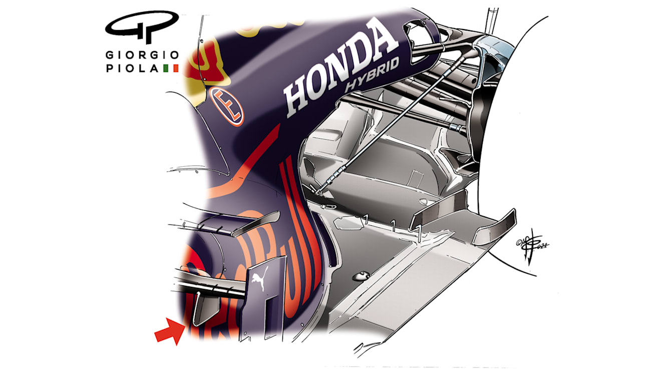 As you can see in this technical drawing, the rear lower wishbone on the RB16B is now behind the track rod...