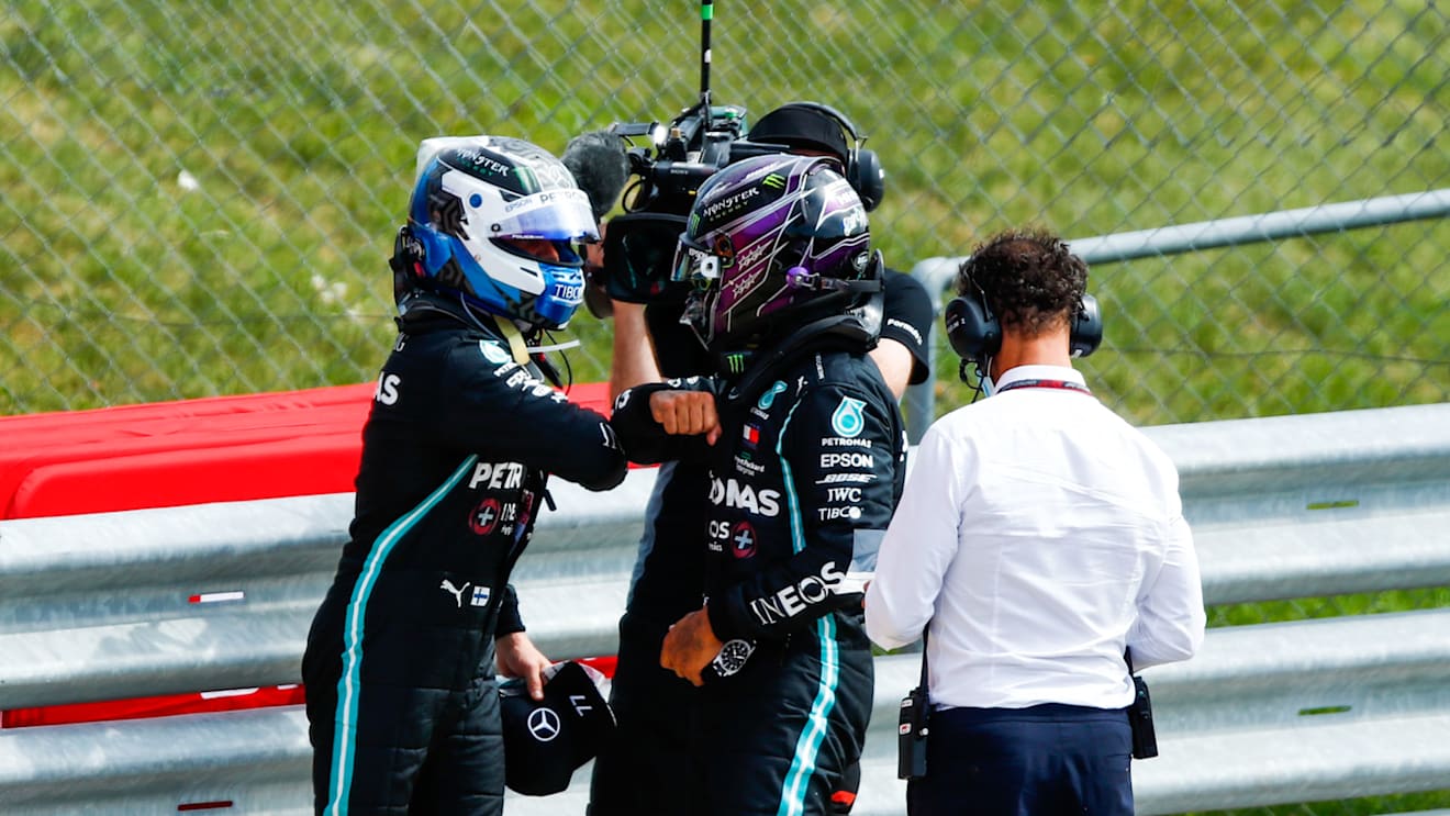 BOTTAS Valtteri (fin), Mercedes AMG F1 GP W11 Hybrid EQ Power+ celebrates his pole position with HAMILTON Lewis (gbr), Mercedes AMG F1 GP W11 Hybrid EQ Power+, portrait during the Emirates Formula 1 70th Anniversary Grand Prix 2020, from August 07 to 09, 2020 on the Silverstone Circuit, in Silverstone, United Kingdom - Photo Xavi Bonilla / DPPI