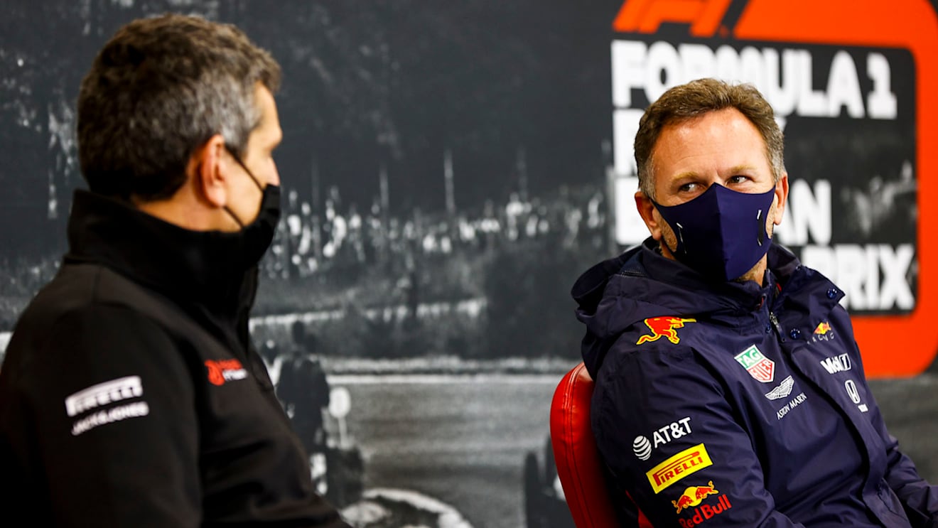 Guenther Steiner, Team Principal, Haas F1 and Christian Horner, Team Principal, Red Bull Racing in the press conference 