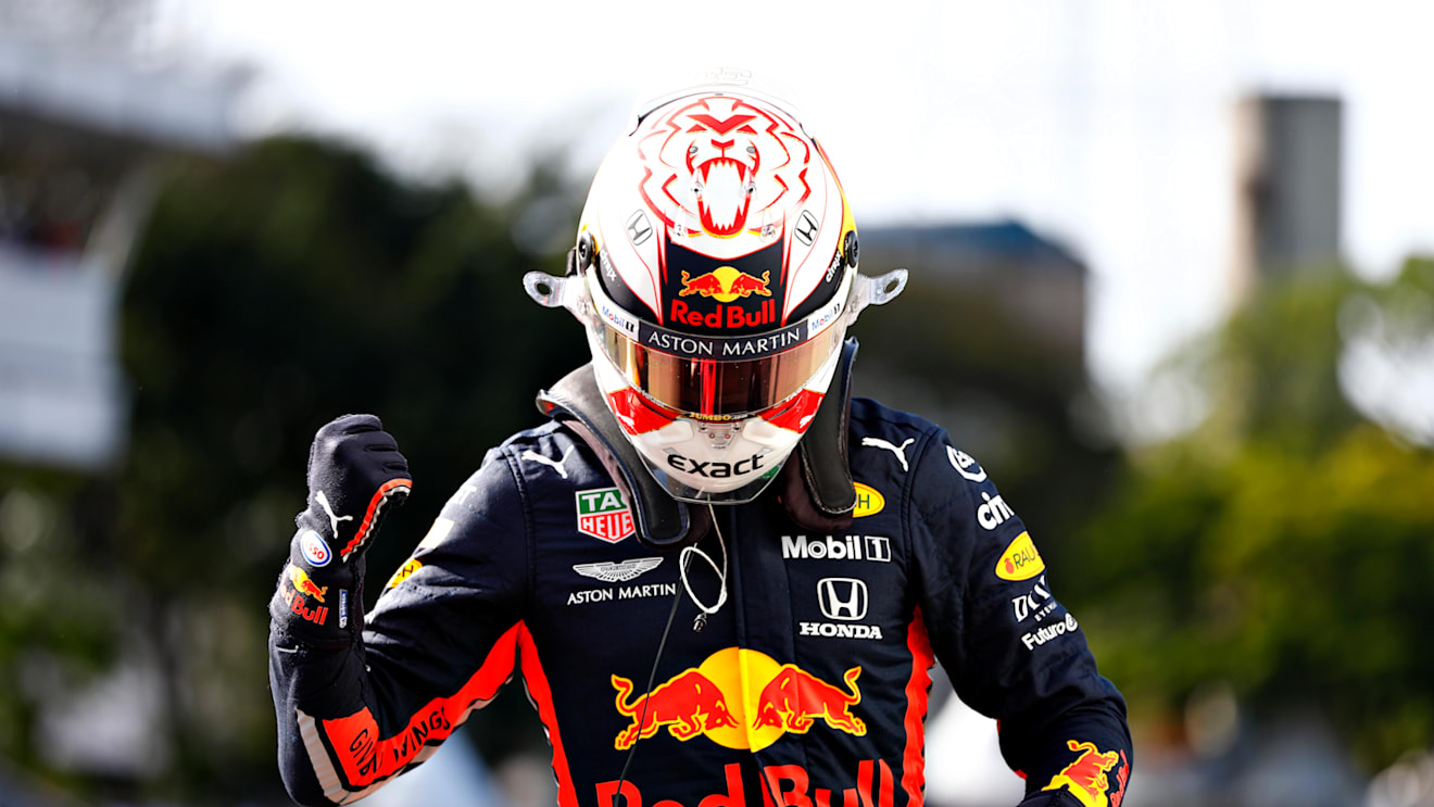 SAO PAULO, BRAZIL - NOVEMBER 16: Pole position qualifier Max Verstappen of Netherlands and Red Bull Racing celebrates in parc ferme during qualifying for the F1 Grand Prix of Brazil at Autodromo Jose Carlos Pace on November 16, 2019 in Sao Paulo, Brazil. (Photo by Will Taylor-Medhurst/Getty Images)