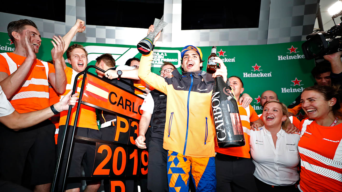 SAO PAULO, BRAZIL - NOVEMBER 17: Carlos Sainz of Spain and McLaren F1 celebrates after later being awarded third place in the F1 Grand Prix of Brazil at Autodromo Jose Carlos Pace on November 17, 2019 in Sao Paulo, Brazil. (Photo by Getty Images/Getty Images)