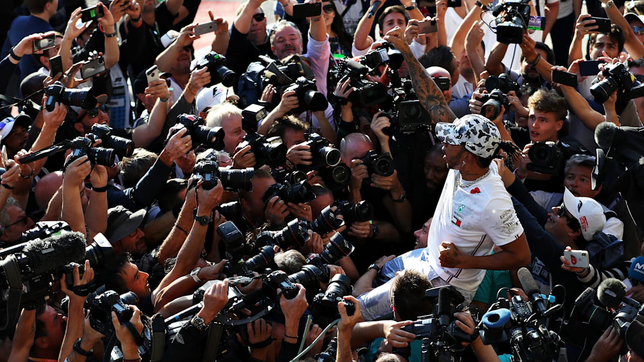 AUSTIN, TEXAS - NOVEMBER 03: 2019 Formula One World Drivers Champion Lewis Hamilton of Great Britain and Mercedes GP celebrates after the F1 Grand Prix of USA at Circuit of The Americas on November 03, 2019 in Austin, Texas. (Photo by Mark Thompson/Getty Images)