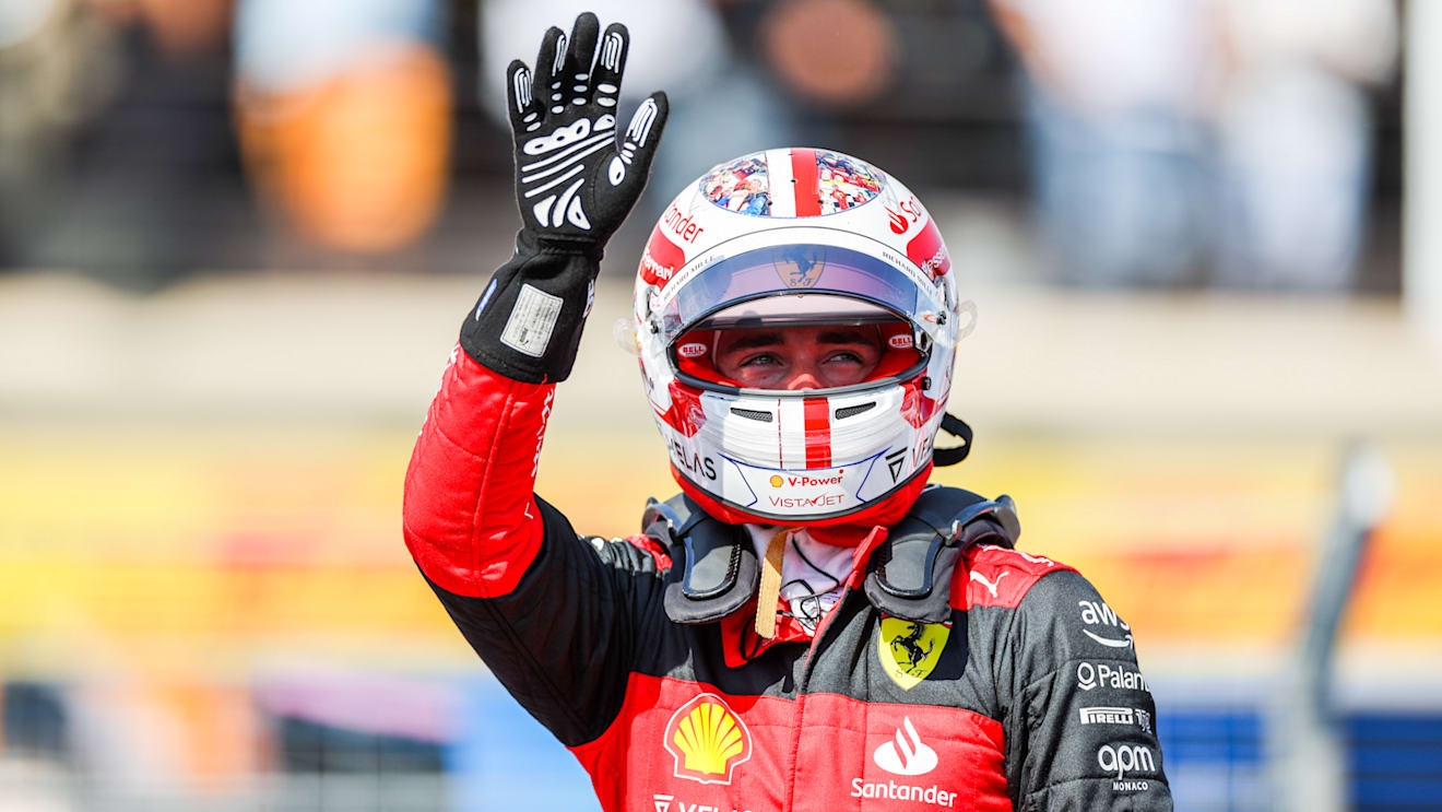 LE CASTELLET, FRANCE - JULY 23: Charles Leclerc of Ferrari and Monaco celebrates pole position during qualifying ahead of the F1 Grand Prix of France at Circuit Paul Ricard on July 23, 2022 in Le Castellet, France. (Photo by Peter J Fox/Getty Images)
