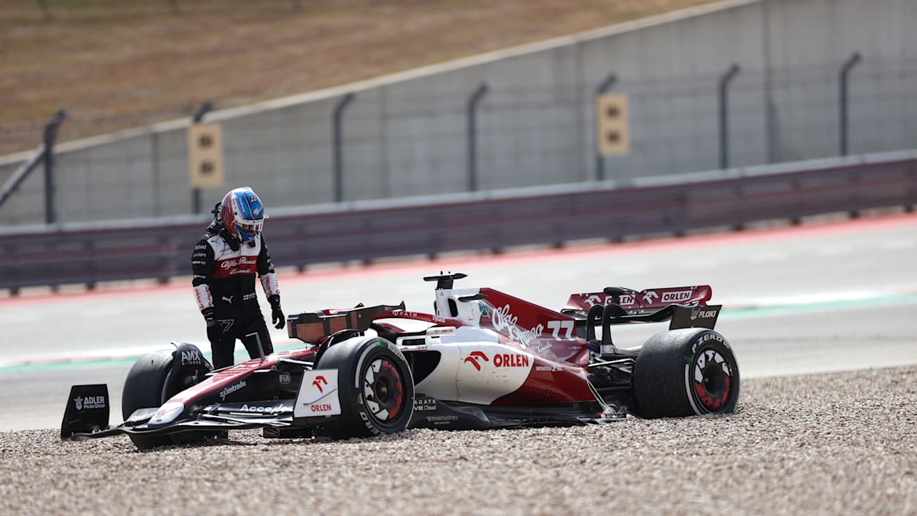 AUSTIN, TEXAS - OCTOBER 23: Valterri Bottas of Alfa Romeo and Finland crashes out during the F1 Grand Prix of USA at Circuit of The Americas on October 23, 2022 in Austin, Texas. (Photo by Peter J Fox/Getty Images)