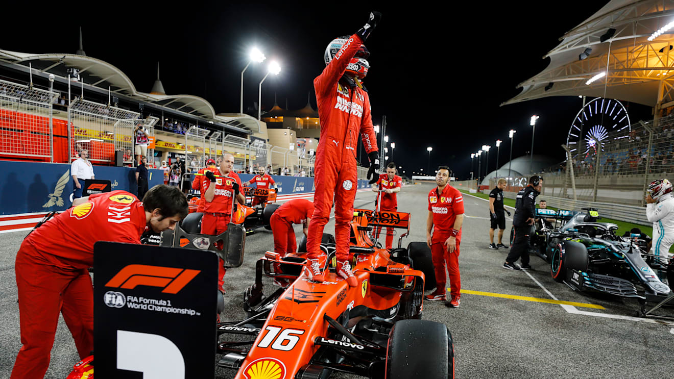 BAHRAIN INTERNATIONAL CIRCUIT, BAHRAIN - MARCH 30: Charles Leclerc, Ferrari celebrates pole position in Parc Ferme during the Bahrain GP at Bahrain International Circuit on March 30, 2019 in Bahrain International Circuit, Bahrain. (Photo by Steven Tee / LAT Images)