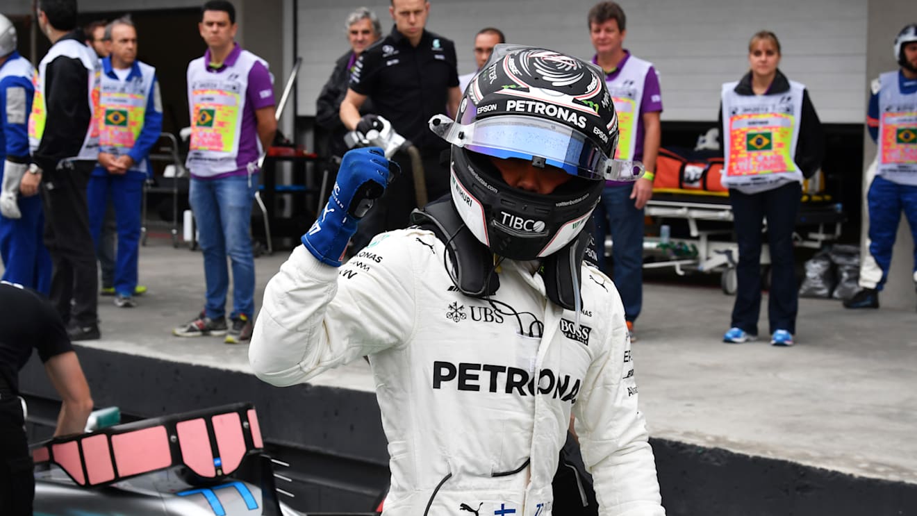 www.sutton-images.com Pole sitter Valtteri Bottas (FIN) Mercedes-Benz F1 W08 Hybrid celebrates in parc ferme at Formula One World Championship, Rd19, Brazilian Grand Prix, Qualifying, Interlagos, Sao Paulo, Brazil, Saturday 11 November 2017. © Sutton Images + 44 1327 352188,Sutton Images