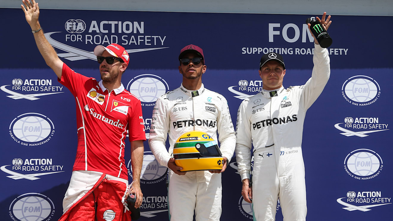 www.sutton-images.com (L to R): Sebastian Vettel (GER) Ferrari, pole sitter Lewis Hamilton (GBR) Mercedes AMG F1 and Valtteri Bottas (FIN) Mercedes AMG F1 celebrate in parc ferme at Formula One World Championship, Rd7, Canadian Grand Prix, Qualifying, Montreal, Canada, Saturday 10 June 2017. © Sutton Images + 44 1327 352188,Sutton Images + 44 1327 352188
