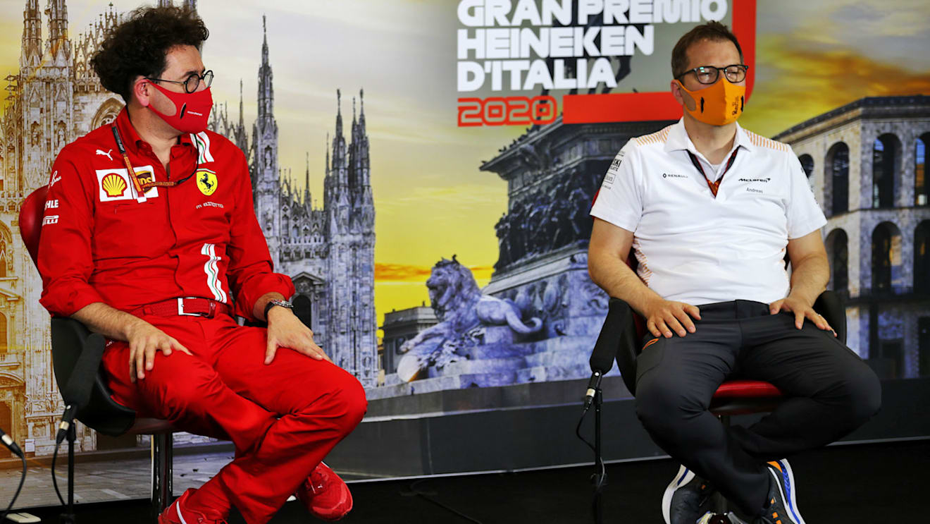 (L to R): Mattia Binotto (ITA) Ferrari Team Principal and Andreas Seidl, McLaren Managing Director in the FIA Press Conference.
04.09.2020. Formula 1 World Championship, Rd 8, Italian Grand Prix, Monza, Italy, Practice Day.
- www.xpbimages.com, EMail: requests@xpbimages.com © Copyright: 
FIA Pool Image for Editorial Use Only
