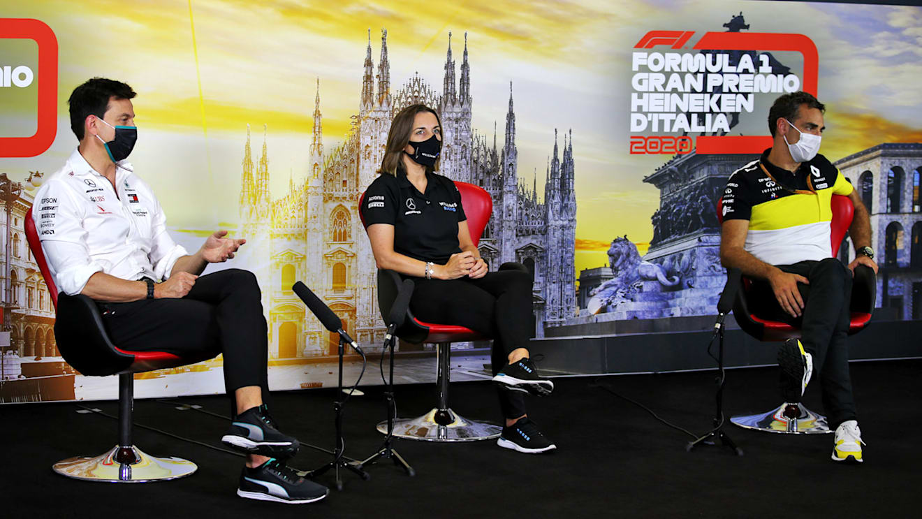 The FIA Press Conference (L to R): Toto Wolff (GER) Mercedes AMG F1 Shareholder and Executive Director; Claire Williams (GBR) Williams Racing Deputy Team Principal; Cyril Abiteboul (FRA) Renault Sport F1 Managing Director.
04.09.2020. Formula 1 World Championship, Rd 8, Italian Grand Prix, Monza, Italy, Practice Day.
- www.xpbimages.com, EMail: requests@xpbimages.com © Copyright: 
FIA Pool Image for Editorial Use Only