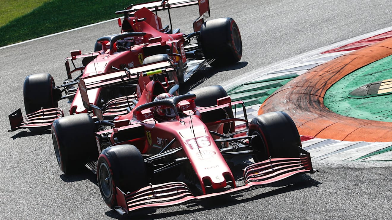 Monaco's Formula One driver Charles Leclerc of Scuderia Ferrari (R) and German Formula One driver Sebastian Vettel of Scuderia Ferrari (L) in action during the qualifying session of the Formula One Grand Prix of Italy at the Monza race track, Monza, Italy 05 September 2020. The 2020 Formula One Grand Prix of Italy will take place on 06 September 2020.

