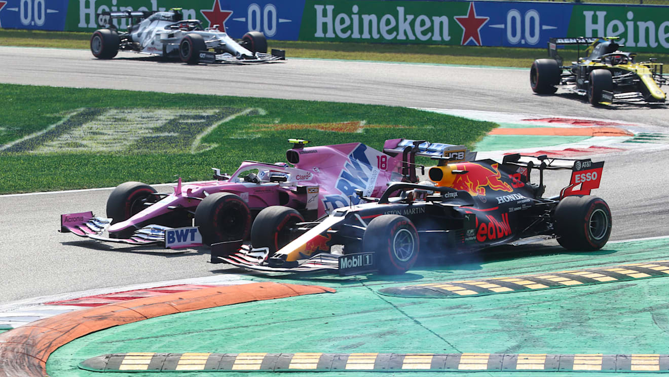Canadian Formula One driver Lance Stroll of BWT Racing Point (C-L) and Dutch Formula One driver Max Verstappen of Aston Martin Red Bull Racing (C-R) in action during the 2020 Formula One Grand Prix of Italy at the Monza race track, Monza, Italy 06 September 2020.