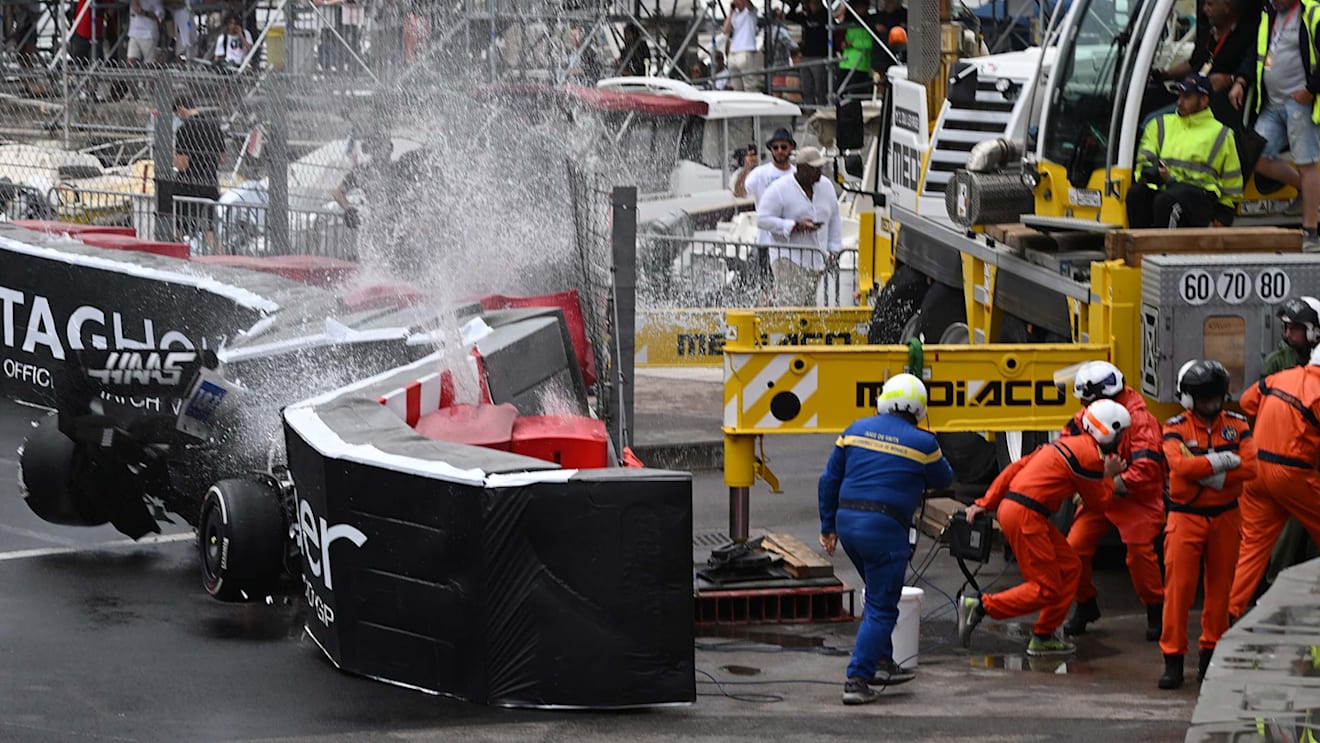 Haas F1 Team's German driver Mick Schumacher crashes during the Monaco Formula 1 Grand Prix at the Monaco street circuit in Monaco, on May 29, 2022. (Photo by CHRISTIAN BRUNA / AFP) (Photo by CHRISTIAN BRUNA/AFP via Getty Images)