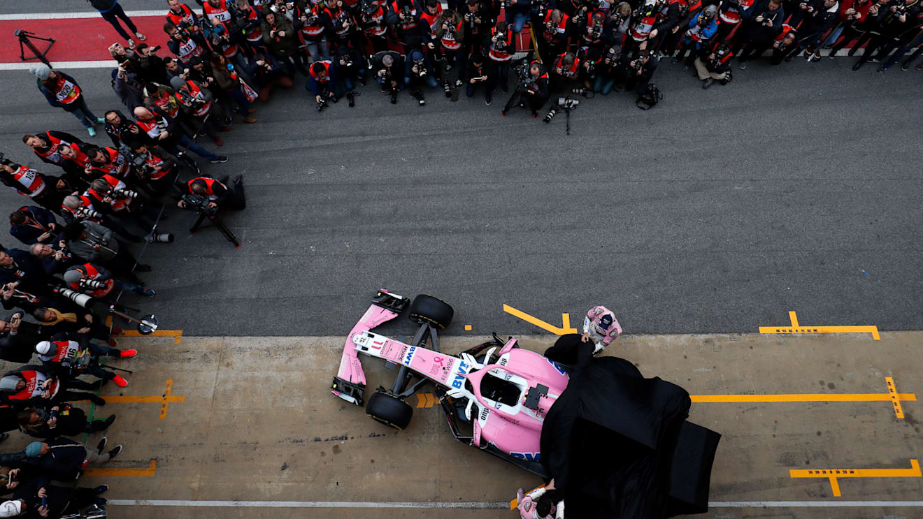 Sergio Perez (MEX) Force India and Esteban Ocon (FRA) Force India F1 unveil the new Force India VJM11 at Formula One Testing, Day One, Barcelona, Spain, 26 February 2018. © Sutton Images