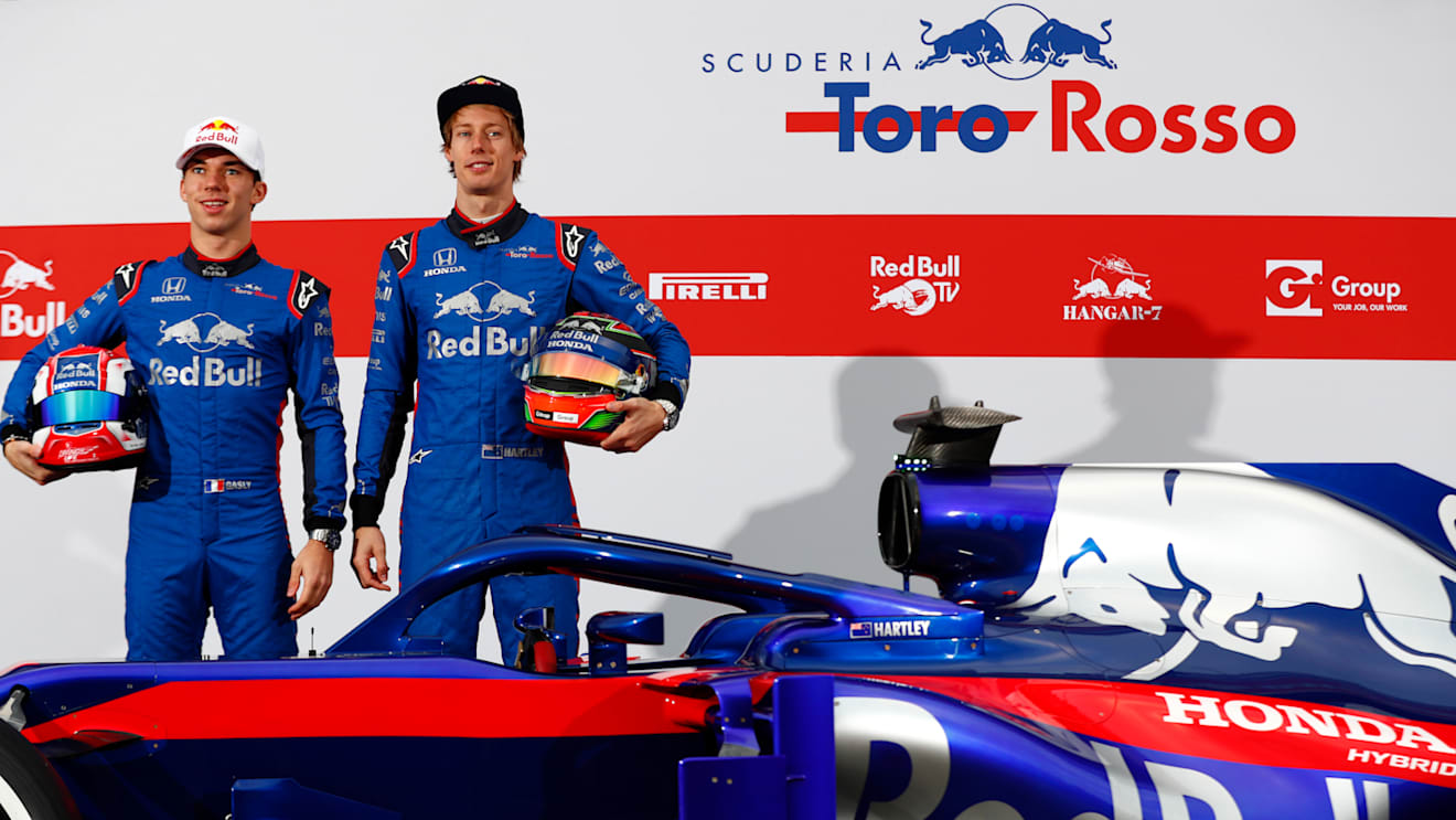 Pierre Gasly (FRA) Scuderia Toro Rosso and Brendon Hartley (NZL) Scuderia Toro Rosso with the new Scuderia Toro Rosso STR13 at Formula One Testing, Day One, Barcelona, Spain, 26 February 2018. © Sutton Images