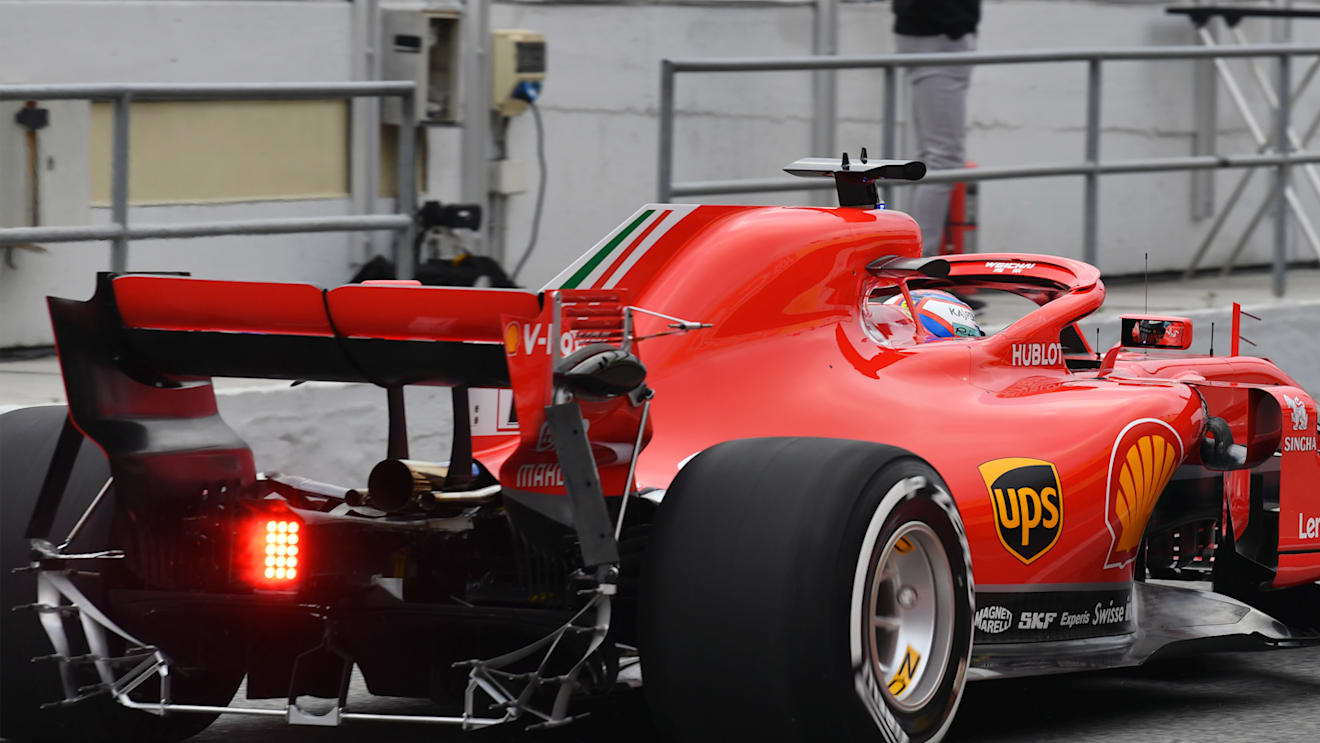 Kimi Raikkonen Ferrari SF-71H at Formula One Testing, Day One, Barcelona, Spain, 26 February 2018. Kimi Raikkonen (FIN) Ferrari SF-71H with aero sensor on rear wing and rear diffuser at Formula One Testing, Day One, Barcelona, Spain, 26 February 2018.