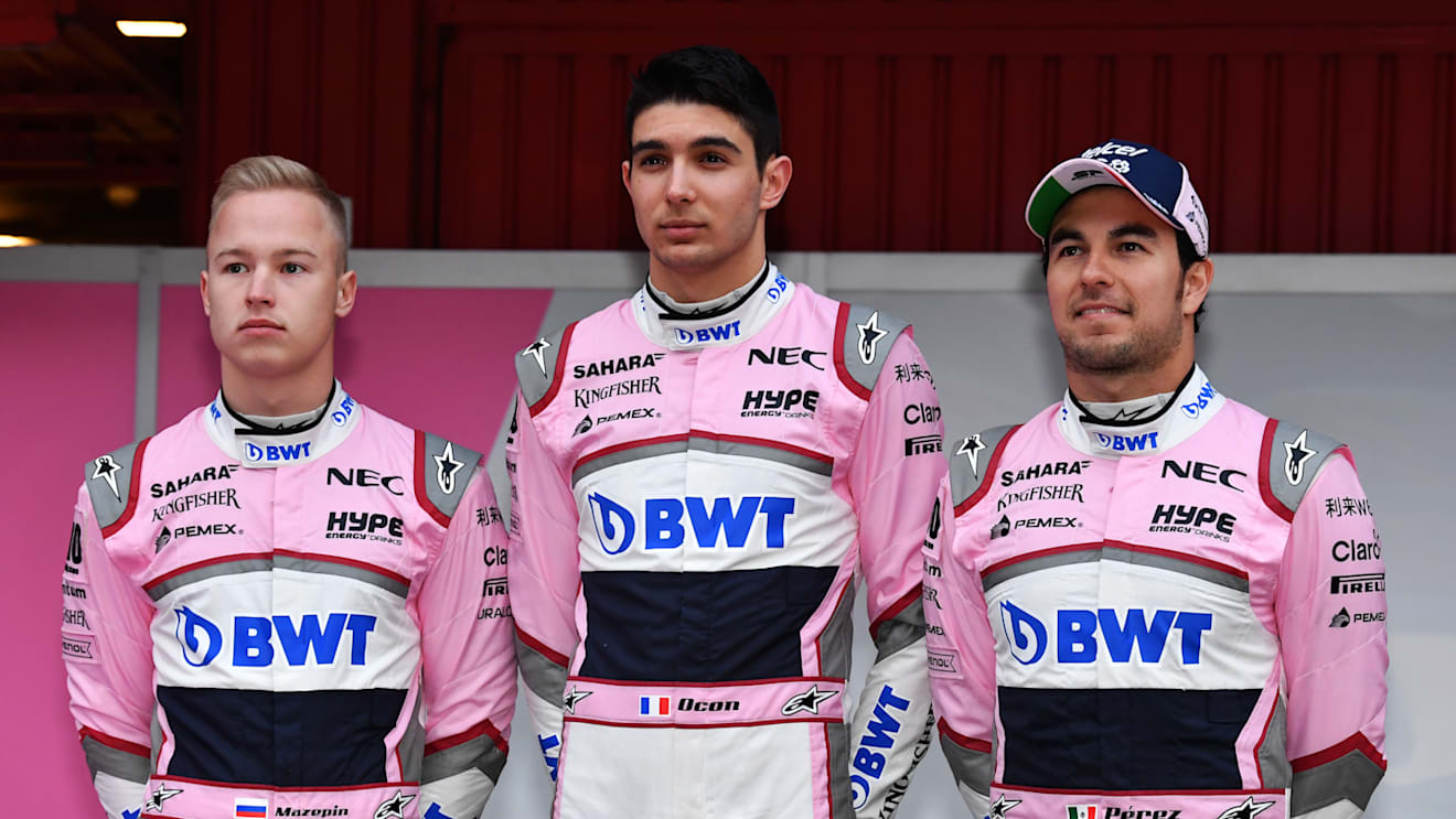 Nikita Mazepin (RUS) Force India F1, Esteban Ocon (FRA) Force India F1 and Sergio Perez (MEX) Force India at Formula One Testing, Day One, Barcelona, Spain, 26 February 2018.