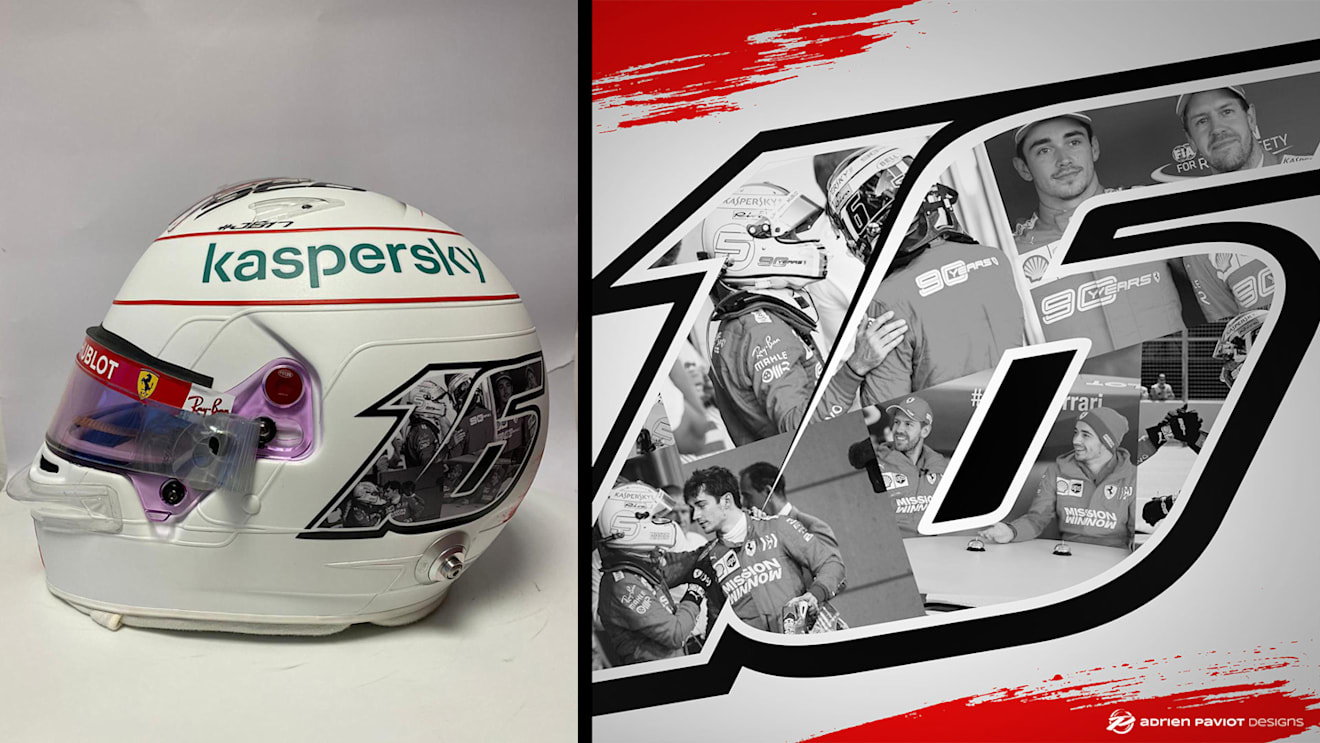 Images of Vettel and Leclerc fill the number 16 on the side of his helmet