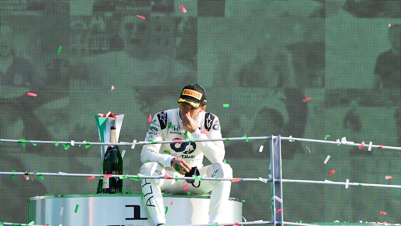 MONZA, ITALY - SEPTEMBER 06: Race winner Pierre Gasly of France and Scuderia AlphaTauri celebrates on the podium during the F1 Grand Prix of Italy at Autodromo di Monza on September 06, 2020 in Monza, Italy. (Photo by Jenifer Lorenzini - Pool/Getty Images)