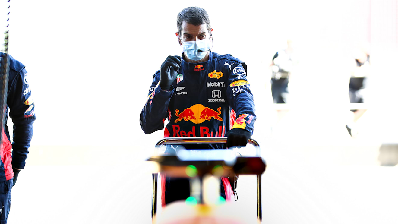 Red Bull mechanic Chris Gent ready and waiting