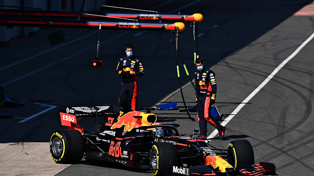 The Red Bull RB16 leaves the pits with Albon at the helm