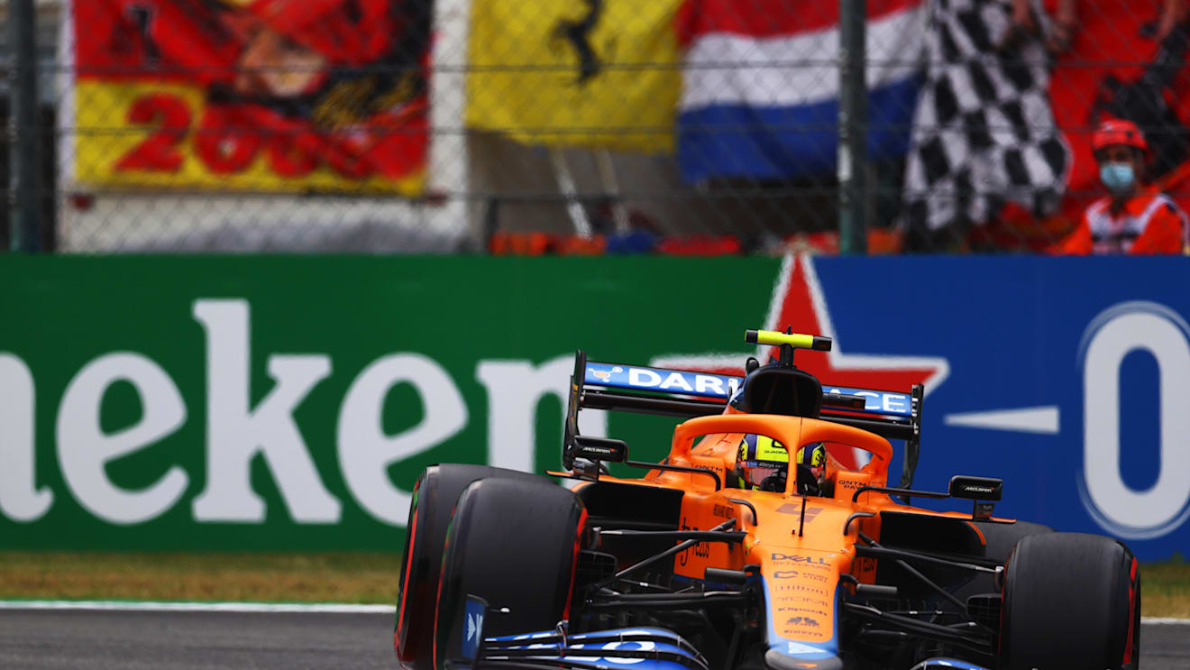 MONZA, ITALY - SEPTEMBER 10: Lando Norris of Great Britain driving the (4) McLaren F1 Team MCL35M Mercedes over a kerb during qualifying ahead of the F1 Grand Prix of Italy at Autodromo di Monza on September 10, 2021 in Monza, Italy. (Photo by Dan Istitene - Formula 1/Formula 1 via Getty Images)