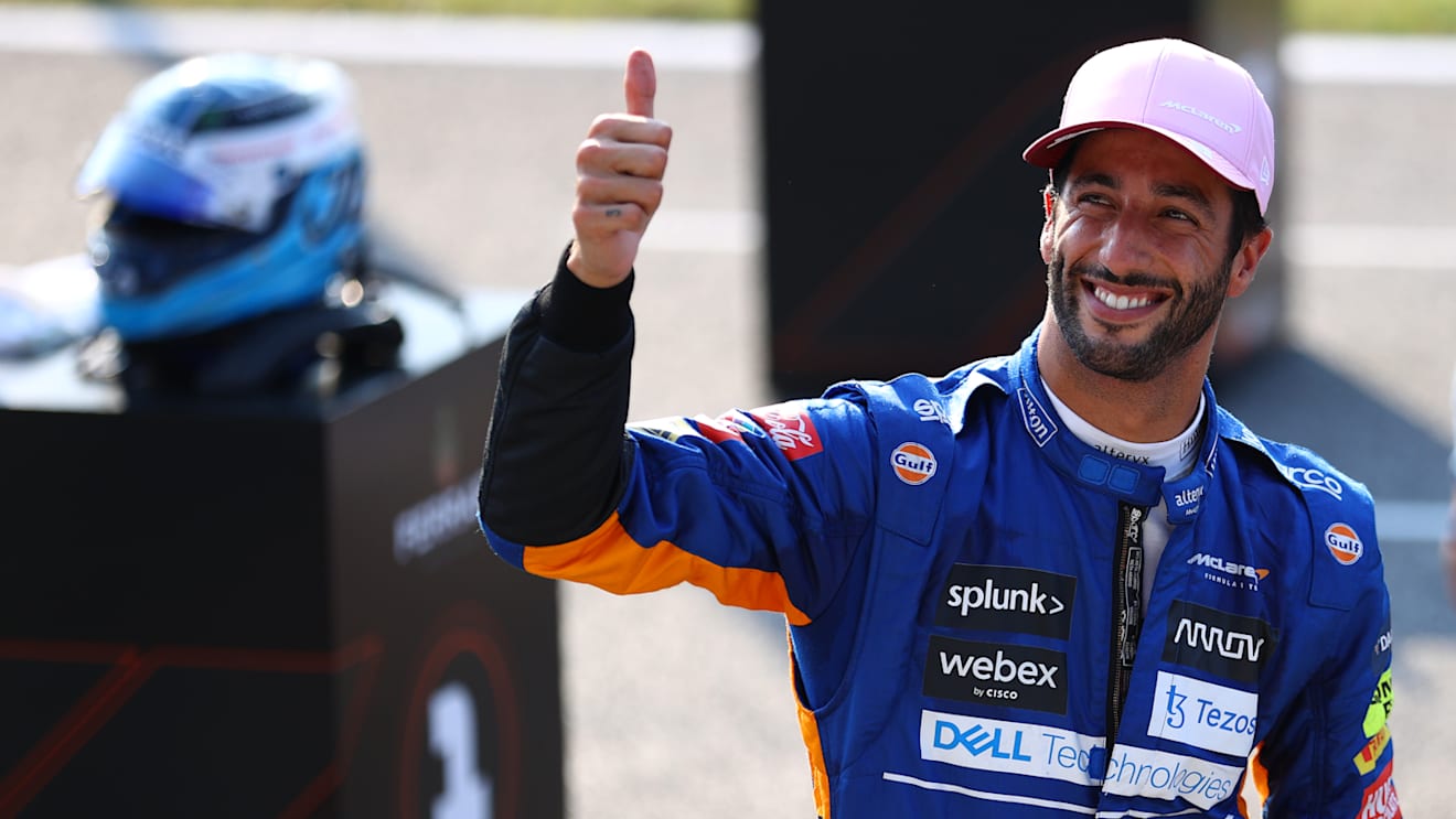 MONZA, ITALY - SEPTEMBER 11: Third place finisher Daniel Ricciardo of Australia and McLaren F1 celebrates in parc ferme during the Sprint ahead of the F1 Grand Prix of Italy at Autodromo di Monza on September 11, 2021 in Monza, Italy. (Photo by Bryn Lennon/Getty Images)