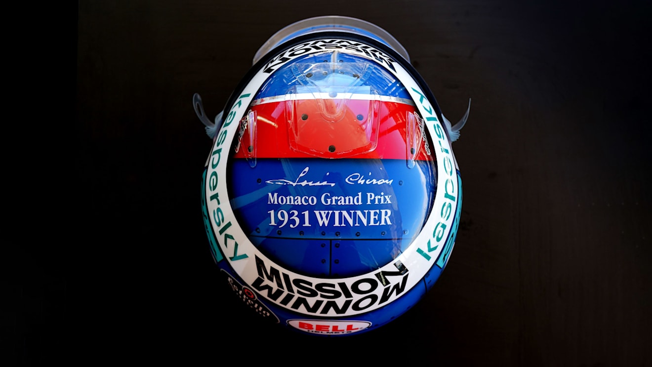 Top-down view of Charles Leclerc's helmet, paying tribute to Monaco legend Louis Chiron