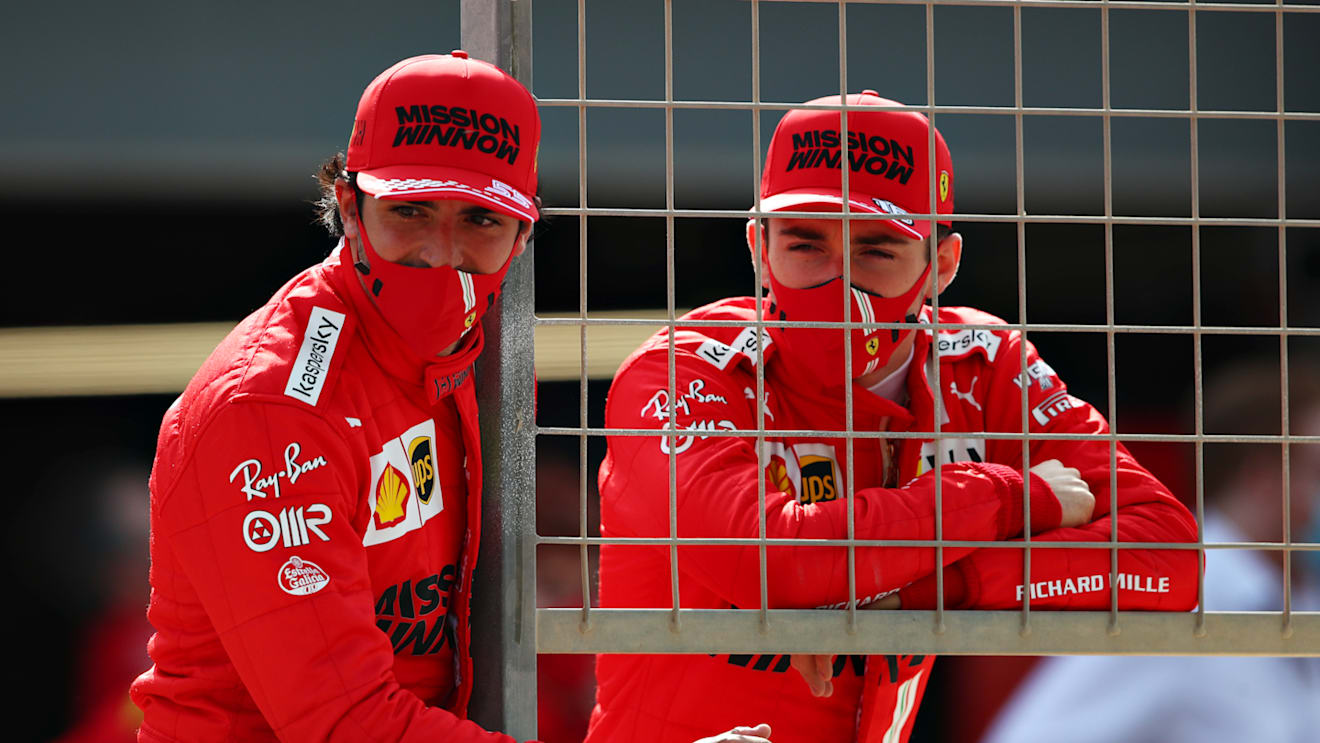 Carlos Sainz poses with his new team mate Charles Leclerc ahead of testing. Leclerc took the wheel in the morning