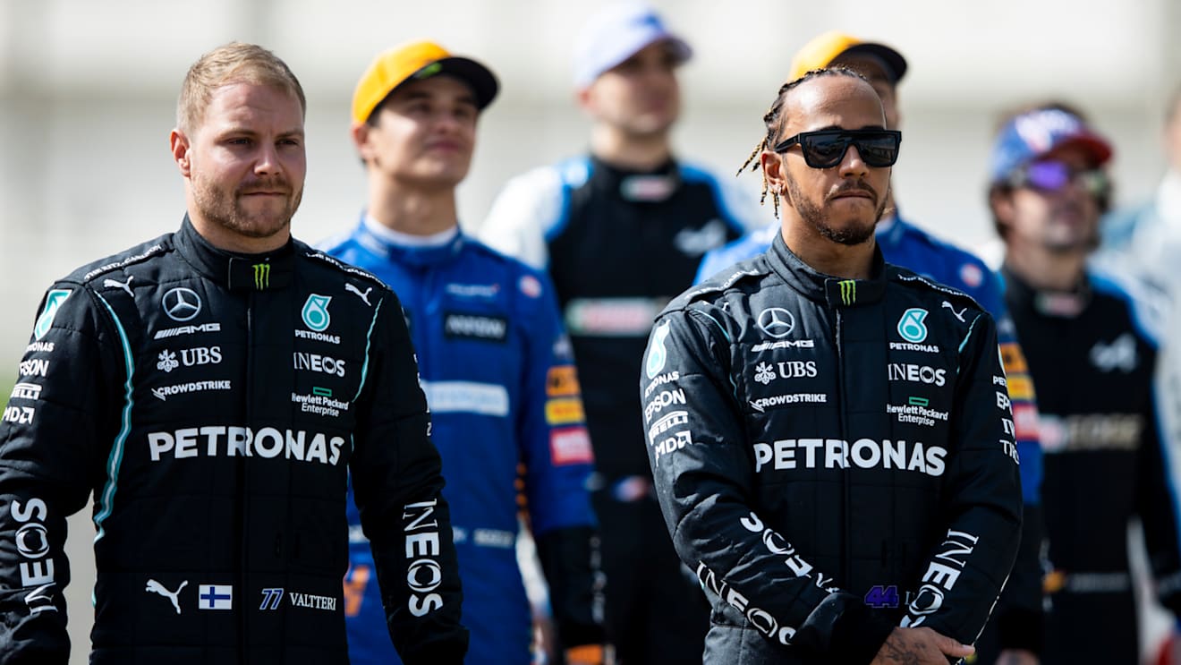 Lewis Hamilton dons his shades for the class of '21 photo. Team mate Valtteri Bottas was hampered by a gearbox issue in the morning