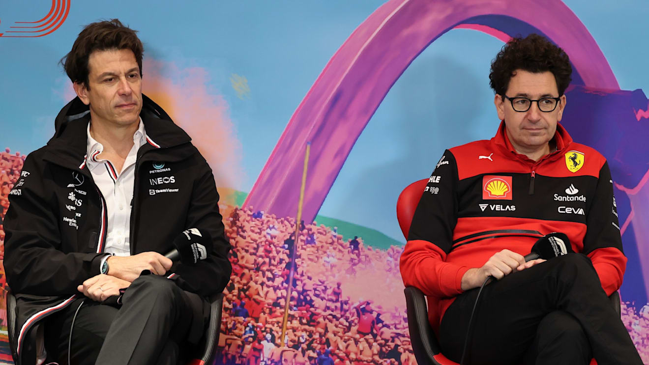 Mercedes team principal Toto Wolff and Ferrari team principal Mattia Binotto during a press conference ahead of the Formula 1 Austrian Grand Prix at Red Bull Ring in Spielberg, Austria on July 9, 2022. (Photo by Jakub Porzycki/NurPhoto via Getty Images)