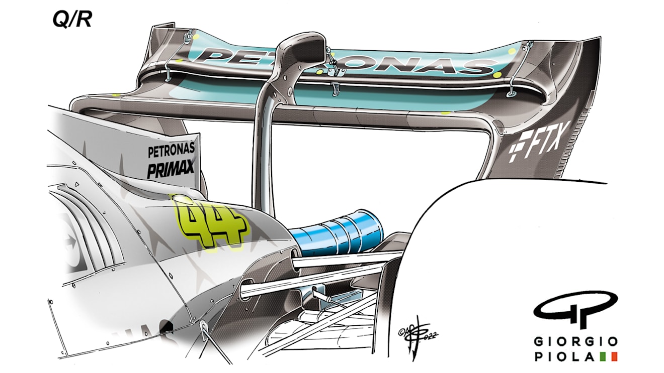 … and a very trimmed-back flap with the trailing edge significantly cut away, and a very flat main plane. The W13’s aero inefficiency relative to Red Bull meant that even with a smaller wing, it was significantly down in straight-line performance. For qualifying and race even the gurney flap on that trailing edge was removed, costing downforce in the search of lower drag. 