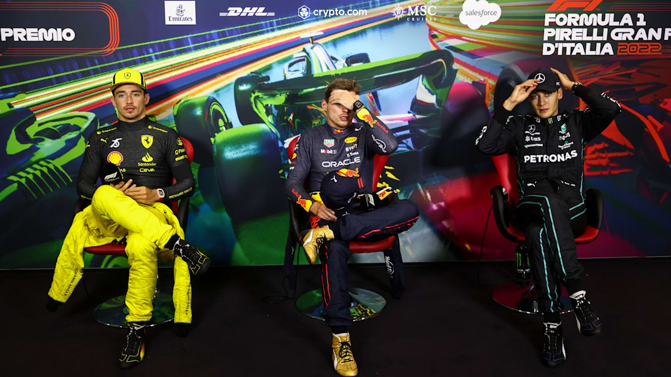 Charles Leclerc of Scuderia Ferrari, Max Verstappen of Red Bull Racing and George Russel of Mercedes during the press conference after the Formula 1 Italian Grand Prix race at Circuit Monza, on September 11, 2022 in Monza, Italy (Photo by Beata Zawrzel/NurPhoto via Getty Images)