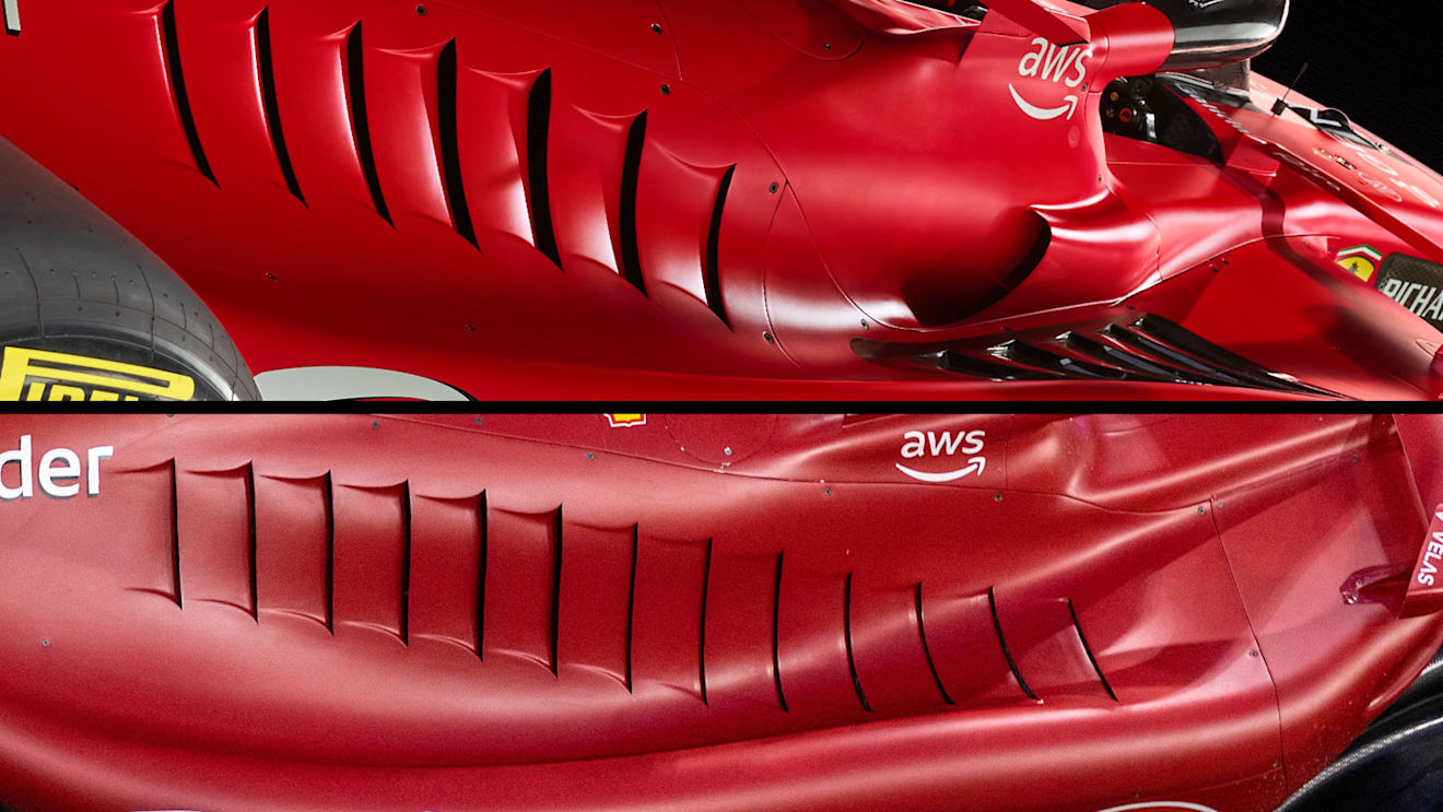 The SF-23 sidepods (top) compared with F1-75's sidepods (bottom). 