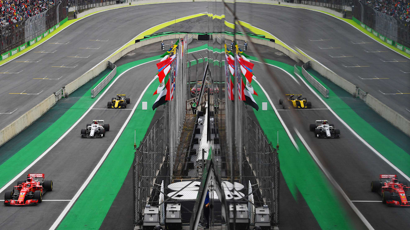 Sebastian Vettel, Ferrari SF71H, Charles Leclerc, Alfa Romeo Sauber C37 and Nico Hulkenberg, Renault Sport F1 Team R.S. 18 during the Brazilian GP on November 10, 2018 in Autodromo Jose Carlos Pace, Brazil. (Photo by Jerry Andre / Sutton Images)