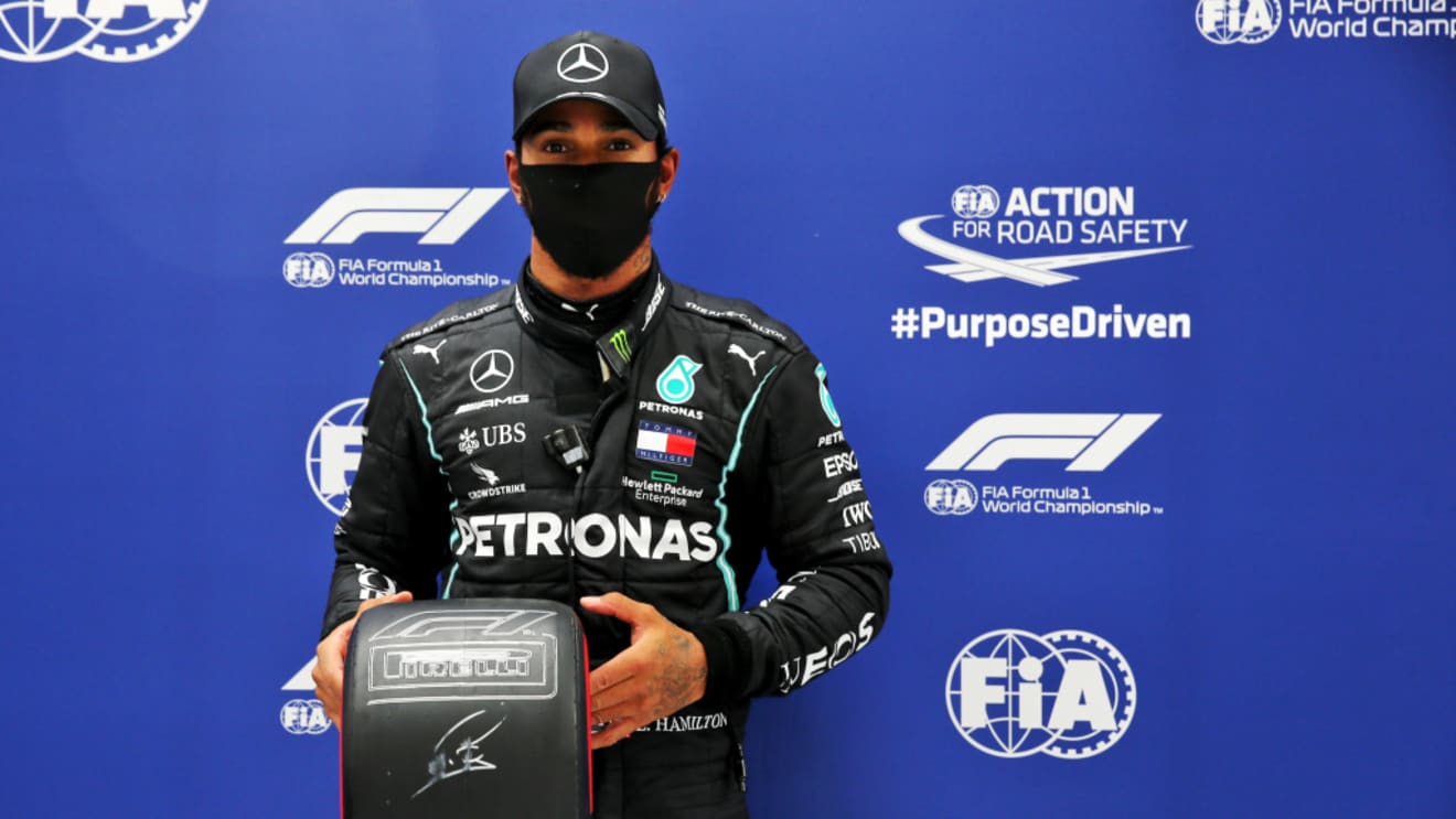 RED BULL RING, AUSTRIA - JULY 11: Lewis Hamilton, Mercedes-AMG Petronas F1, poses with the Pirelli Pole Position Award during the Styrian GP at Red Bull Ring on Saturday July 11, 2020 in Spielberg, Austria. (Copyright Free for Editorial Use Only. Credit: FIA Pool / LAT Images)