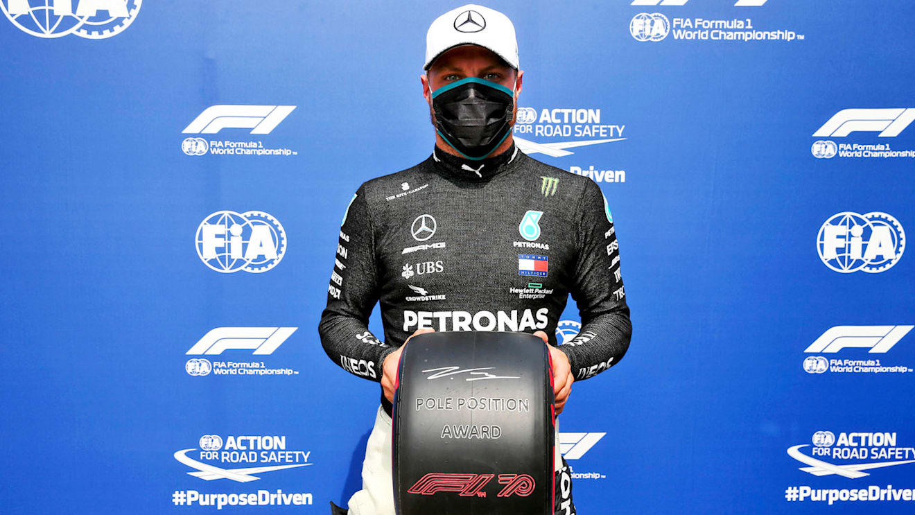 SILVERSTONE, UNITED KINGDOM - AUGUST 08: Pole Sitter Valtteri Bottas, Mercedes-AMG Petronas F1 with the Pirelli pole Position Award during the 70th Anniversary GP at Silverstone on Saturday August 08, 2020 in Northamptonshire, United Kingdom. (Copyright Free for Editorial Use Only. Credit: FIA Pool / LAT Images)