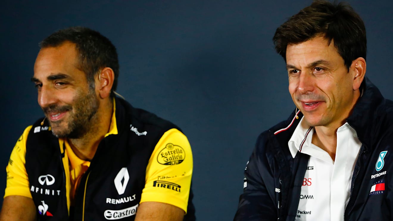 SOCHI AUTODROM, RUSSIAN FEDERATION - SEPTEMBER 28: Cyril Abiteboul, Managing Director, Renault Sport F1 Team, and Toto Wolff, Executive Director (Business), Mercedes AMG, in a Press Conference during the Russian GP at Sochi Autodrom on September 28, 2018 in Sochi Autodrom, Russian Federation. (Photo by Sam Bloxham / LAT Images)