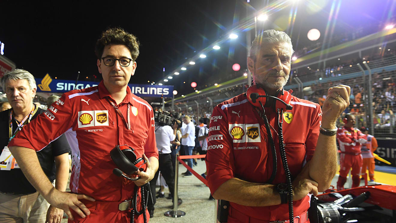 SINGAPORE STREET CIRCUIT, SINGAPORE - SEPTEMBER 16: Mattia Binotto, Ferrari Chief Technical Officer and Maurizio Arrivabene, Ferrari Team Principal on the grid during the Singapore GP at Singapore Street Circuit on September 16, 2018 in Singapore Street Circuit, Singapore. (Photo by Mark Sutton / Sutton Images)