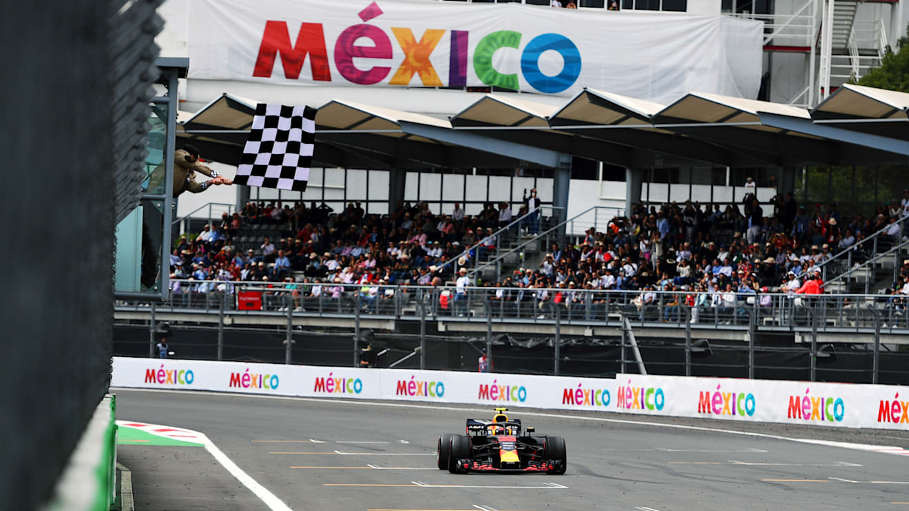 AUTODROMO HERMANOS RODRIGUEZ, MEXICO - OCTOBER 28: Race Winner Max Verstappen, Red Bull Racing RB14 crosses the line during the Mexican GP at Autodromo Hermanos Rodriguez on October 28, 2018 in Autodromo Hermanos Rodriguez, Mexico. (Photo by Simon Galloway / Sutton Images)
