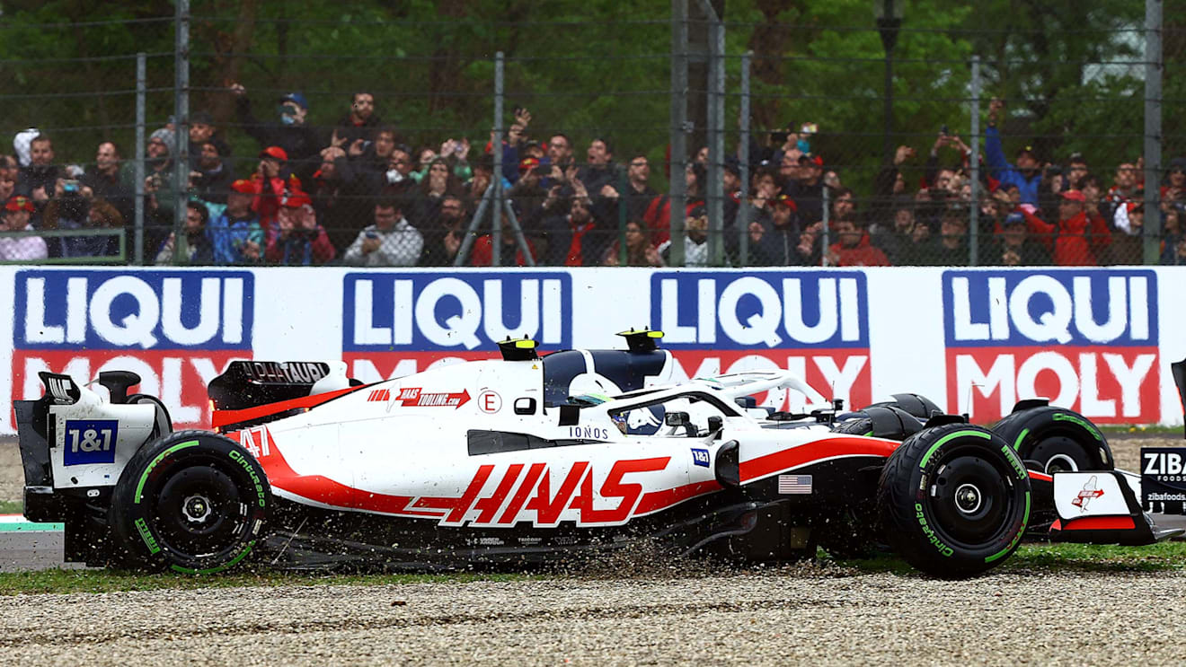 IMOLA, ITALY - APRIL 24: Mick Schumacher of Germany driving the (47) Haas F1 VF-22 Ferrari runs wide at the start during the F1 Grand Prix of Emilia Romagna at Autodromo Enzo e Dino Ferrari on April 24, 2022 in Imola, Italy. (Photo by Mark Thompson/Getty Images)