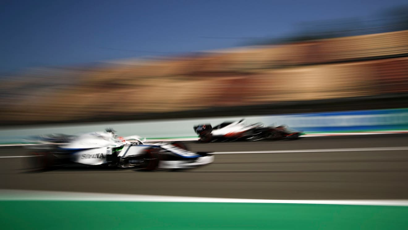 Canadian Formula One driver Nicholas Latifi of Williams (L) in action during the second practice of the Formula One Grand Prix of Spain at the Circuit de Barcelona-Catalunya in Montmelo, Spain, 14 August 2020. The 2020 Formula One Grand Prix of Spain will take place on 16 August 2020.