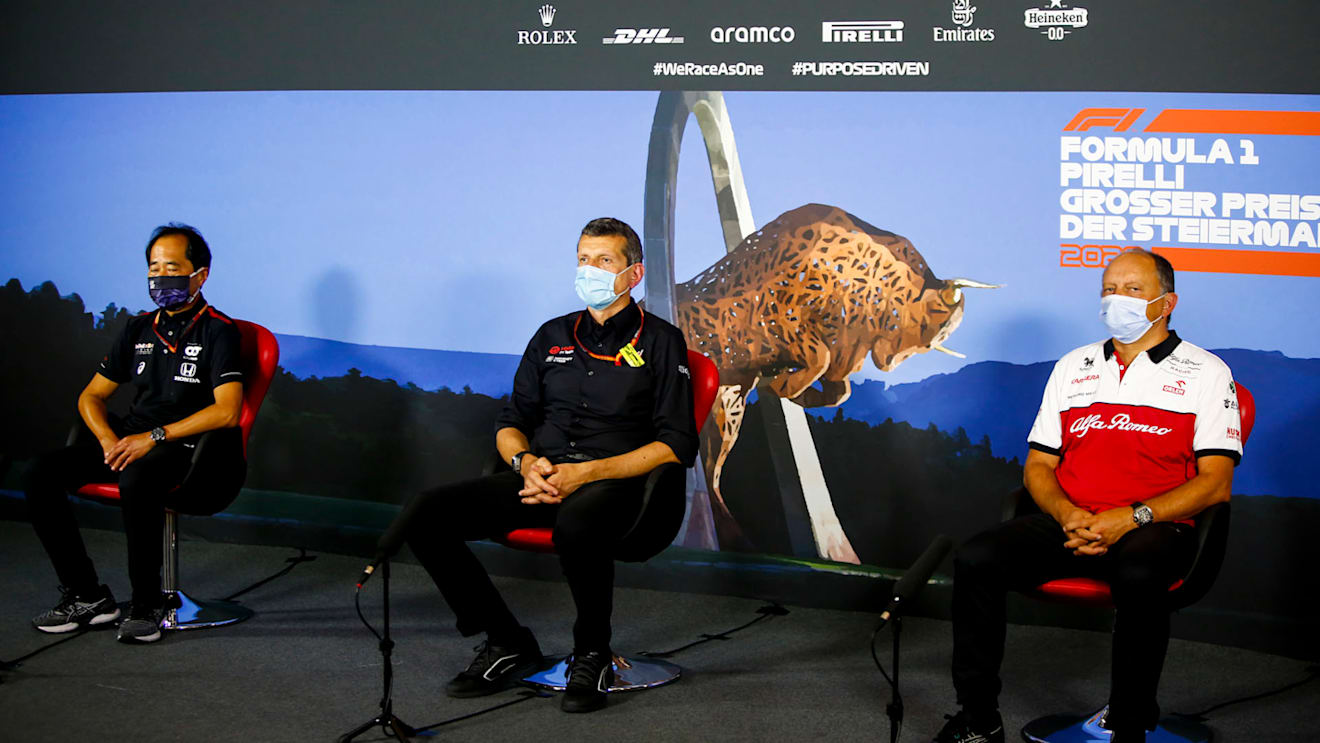 Toyoharu Tanabe, F1 Technical Director, Honda, Guenther Steiner, Team Principal, Haas F1 and Frederic Vasseur, Team Principal, Alfa Romeo Racing in the press conference 